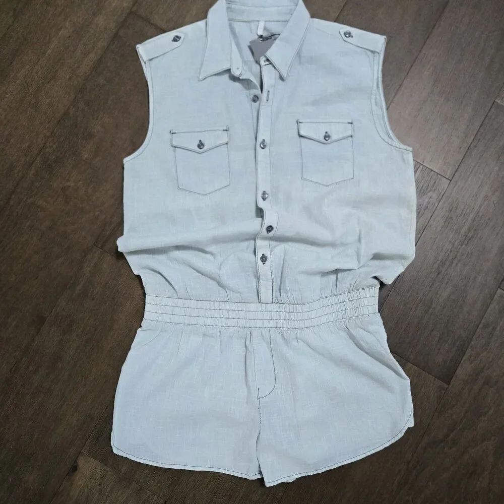 7 For All Mankind Shirtall Short Overall Romper Denim Cotton Size L